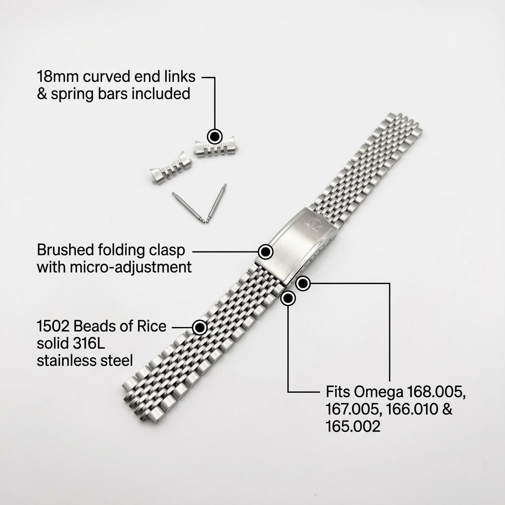 1502 Beads of Rice Stainless Steel Bracelet for Omega — 18mm