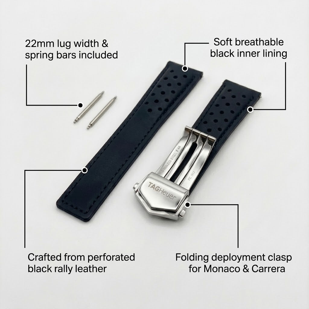 Rally-Lederarmband für TAG Heuer Carrera & Monaco — 22 mm Schwarz